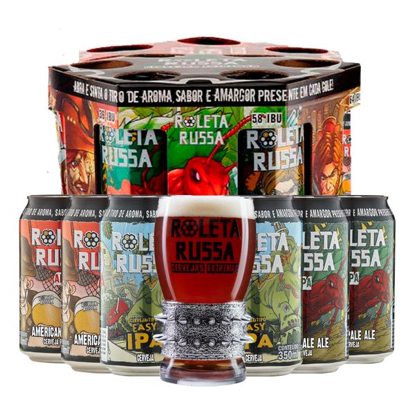 Kit Presenteável Tambor 6 Cervejas Roleta Russa Lata 350ml + copo